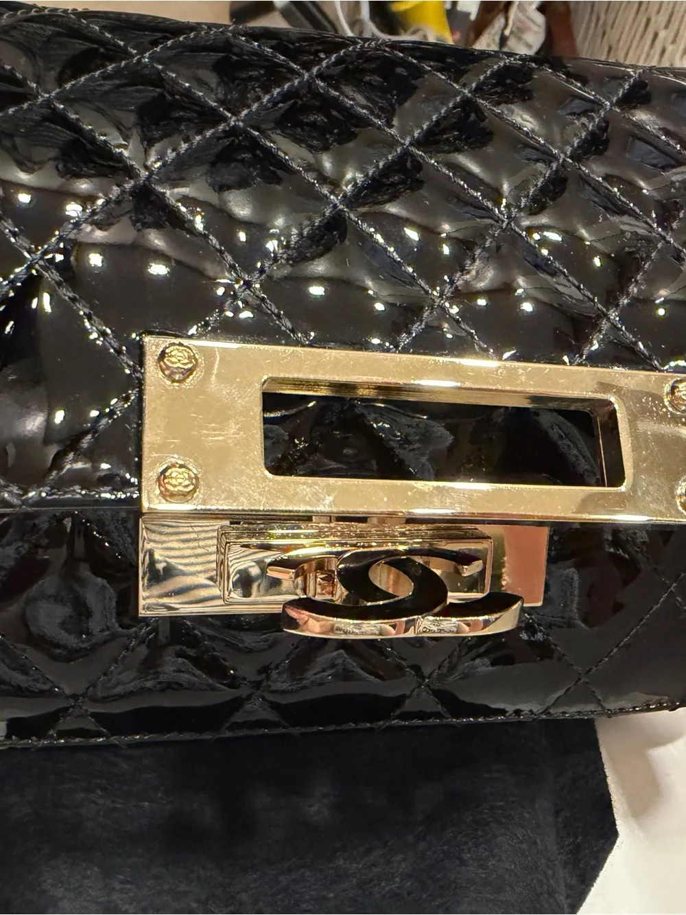 CHANEL Black Patent Crossbody Wallet On Chain Flap Bag with Gold Hardware